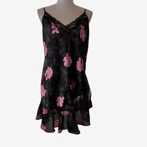 Secret Treasures Black Pink Floral Lace Slip Dress Size L Adjustable Straps  EUC